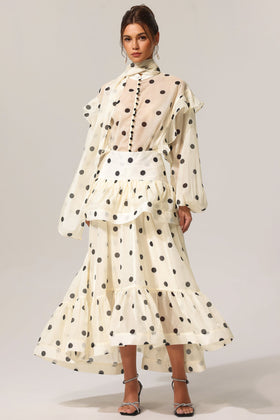 Bella Barnett Rode Dot Printed Folds Long Sleeves Top And Skirt Formal Evening Two-piece Set