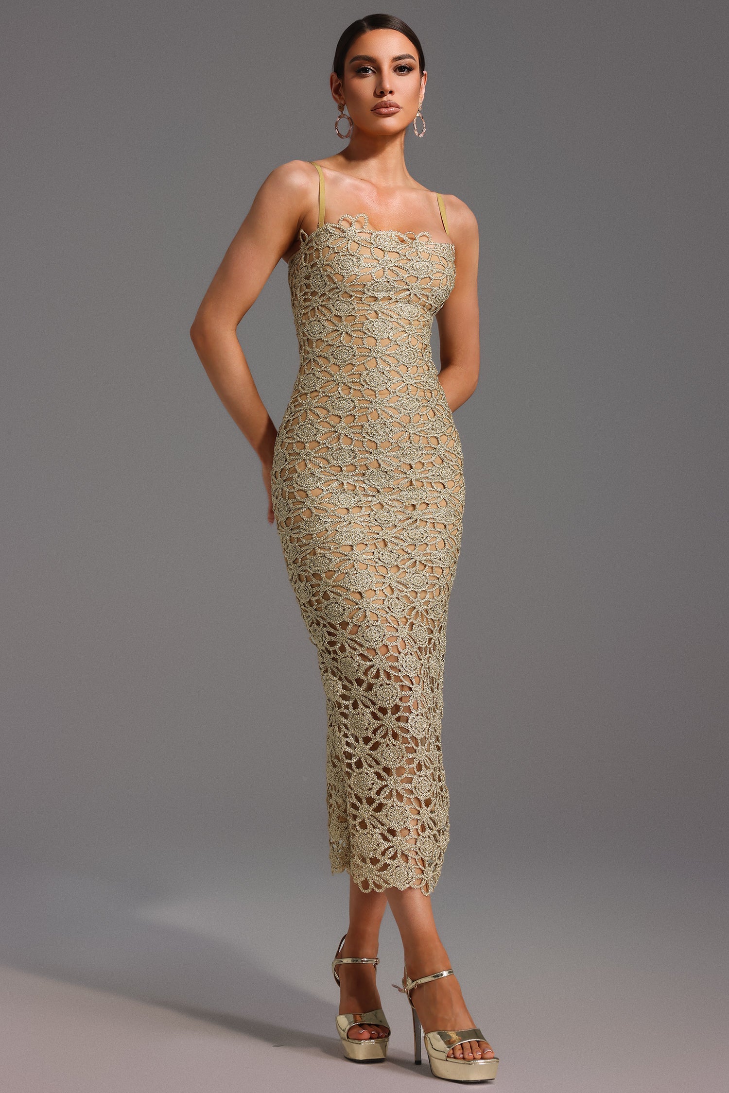 Bella Barnett Lelia Sleeveless Hollow Out Slit Cocktail Party Midi Dress