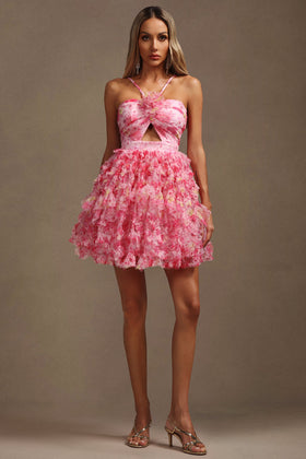 Bella Barnett Daware Pink Sleeveless Flower Printed Hollow Out Folds Cocktail Party Mini Dress