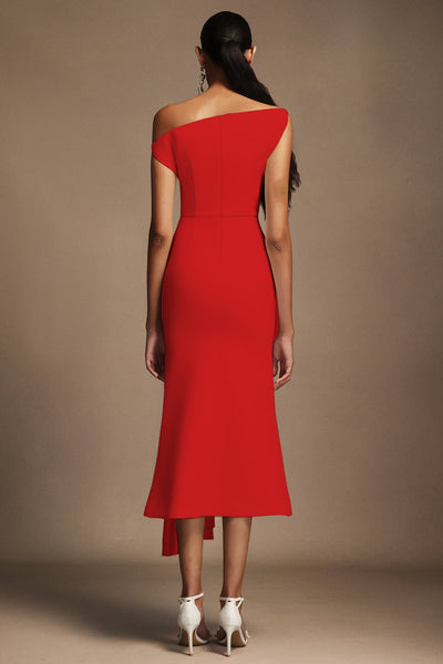 Bella Barnett Jillian Oblique Shoulder Sleeveless Folds Cocktail Party Midi Dress