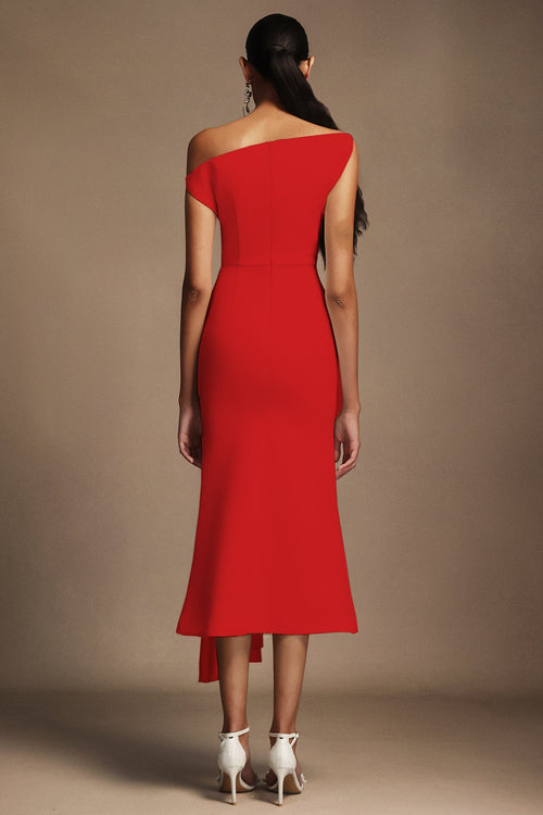 Bella Barnett Jillian Oblique Shoulder Sleeveless Folds Cocktail Party Midi Dress