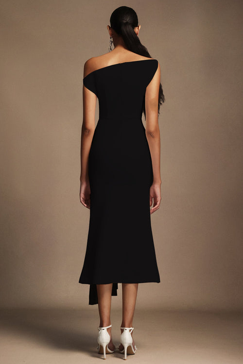 Bella Barnett Juny Oblique Shoulder Sleeveless Folds Cocktail Party Midi Dress