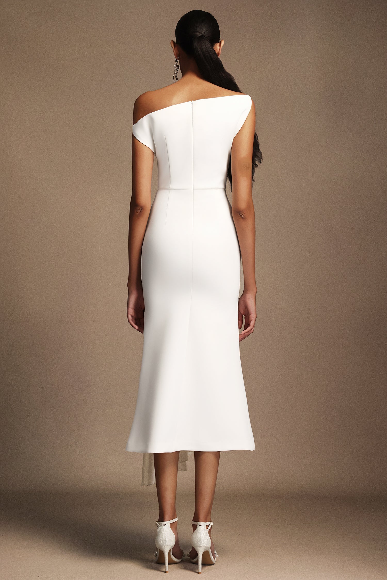 Bella Barnett Paulina Oblique Shoulder Sleeveless Folds Cocktail Party Midi Dress