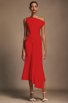 Bella Barnett Jillian Oblique Shoulder Sleeveless Folds Cocktail Party Midi Dress