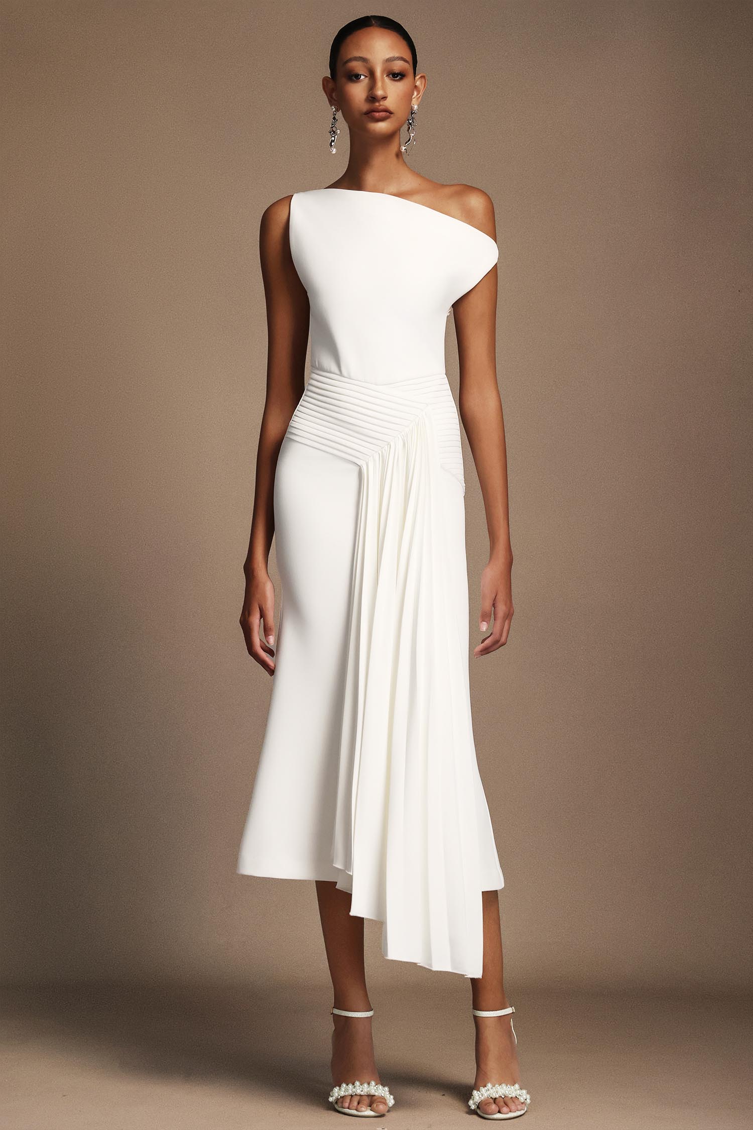 Bella Barnett Paulina Oblique Shoulder Sleeveless Folds Cocktail Party Midi Dress