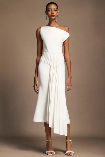 Bella Barnett Paulina Oblique Shoulder Sleeveless Folds Cocktail Party Midi Dress