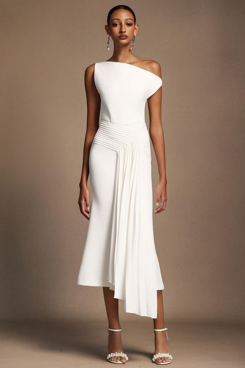 Bella Barnett Paulina Oblique Shoulder Sleeveless Folds Cocktail Party Midi Dress