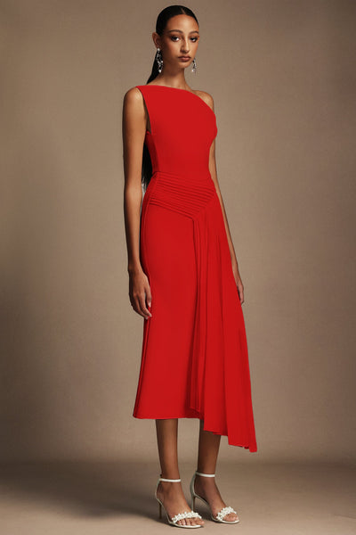 Bella Barnett Jillian Oblique Shoulder Sleeveless Folds Cocktail Party Midi Dress