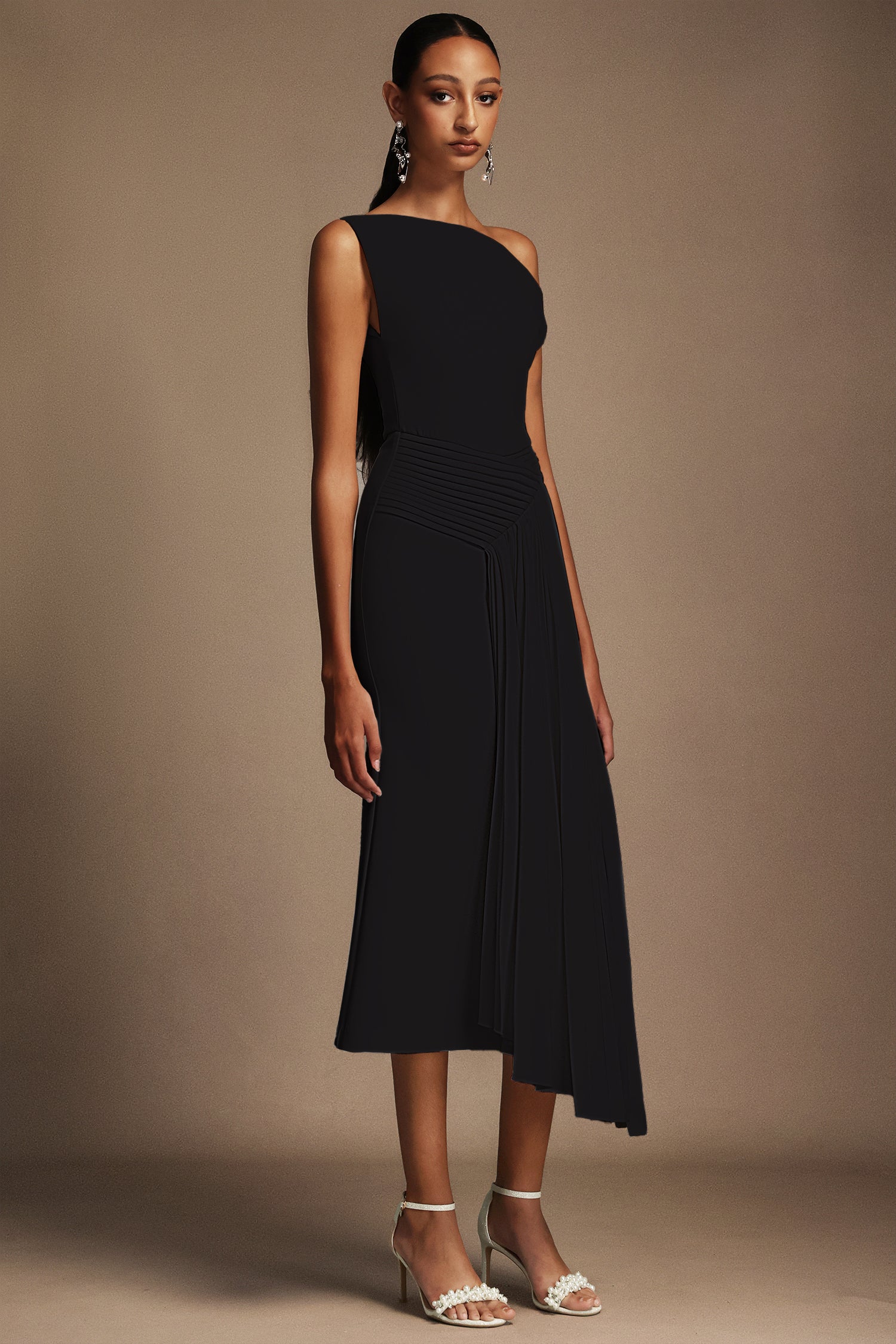 Bella Barnett Juny Oblique Shoulder Sleeveless Folds Cocktail Party Midi Dress