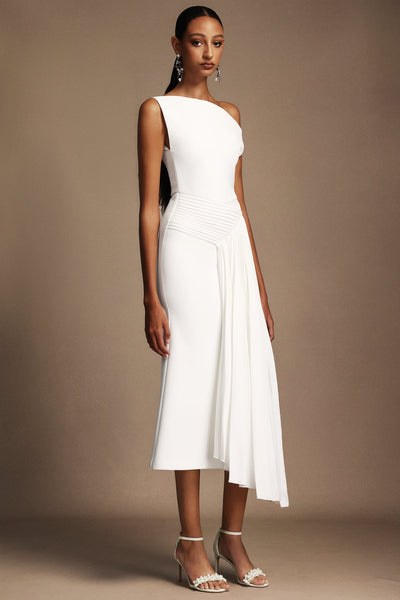Bella Barnett Paulina Oblique Shoulder Sleeveless Folds Cocktail Party Midi Dress