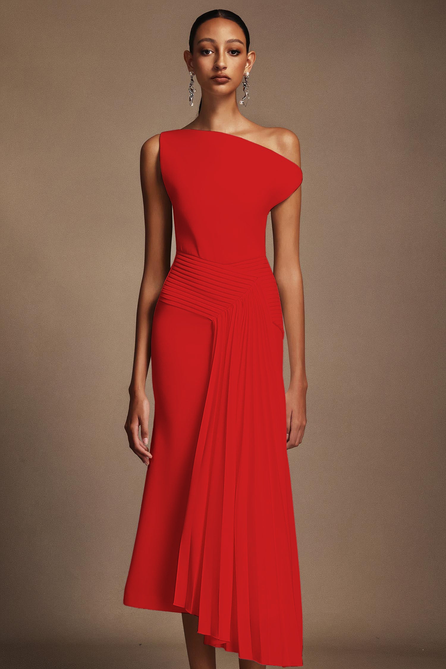 Bella Barnett Jillian Oblique Shoulder Sleeveless Folds Cocktail Party Midi Dress