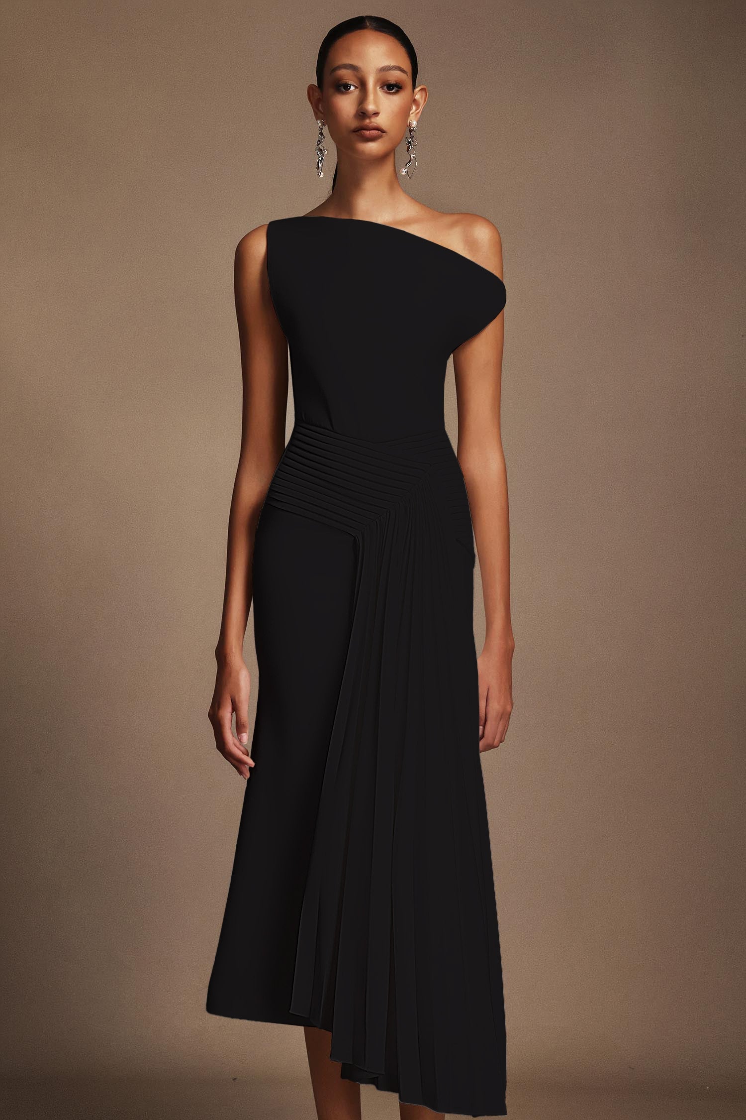 Bella Barnett Juny Oblique Shoulder Sleeveless Folds Cocktail Party Midi Dress