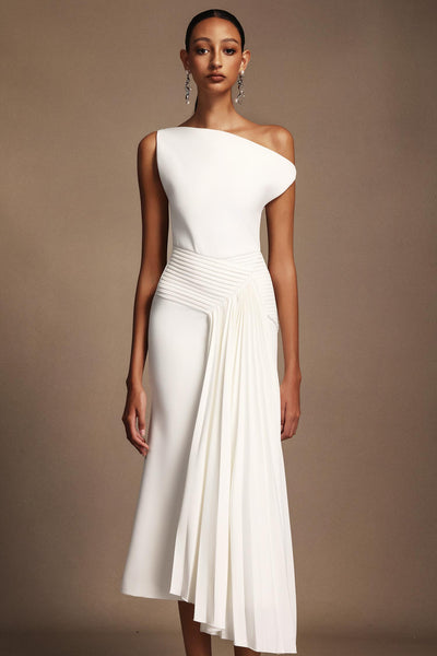 Bella Barnett Paulina Oblique Shoulder Sleeveless Folds Cocktail Party Midi Dress