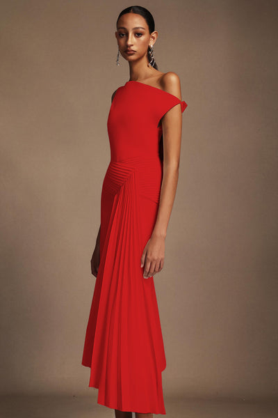 Bella Barnett Jillian Oblique Shoulder Sleeveless Folds Cocktail Party Midi Dress