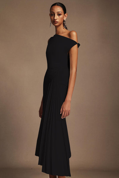 Bella Barnett Juny Oblique Shoulder Sleeveless Folds Cocktail Party Midi Dress