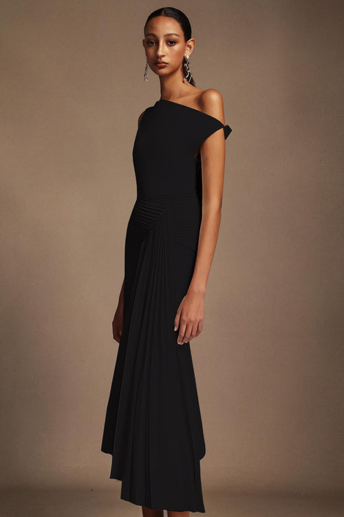 Bella Barnett Juny Oblique Shoulder Sleeveless Folds Cocktail Party Midi Dress
