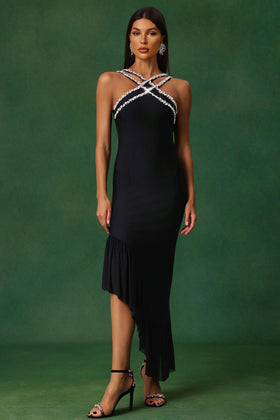 Bella Barnett Nialla Black Sleeveless Diamond Flounce Bandage Formal Prom Evening Gown