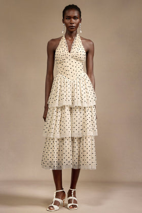 Bella Barnett Julieta Beige Sleeveless Dot Printed Layered Folds Cocktail Party Midi Dress