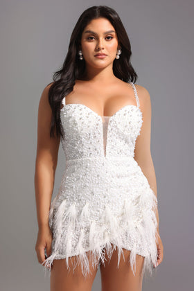 Bella Barnett Tryphosa White Feather Diamond Cocktail Party Mini Dress