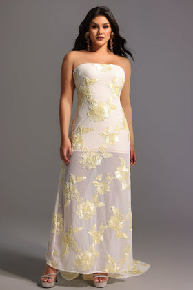 Bella Barnett Deliyn Strapless Embroidery Flower Mesh Formal Prom Evening Gown