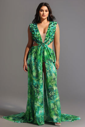 Bella Barnett Yoland Printed Embellished Formal Prom Evening Gown