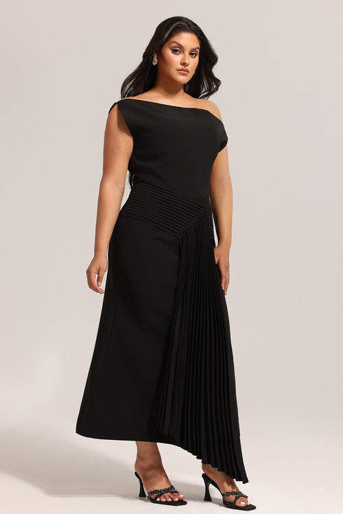Bella Barnett Juny Oblique Shoulder Sleeveless Folds Cocktail Party Midi Dress