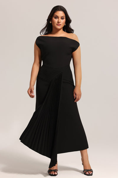 Bella Barnett Juny Oblique Shoulder Sleeveless Folds Cocktail Party Midi Dress