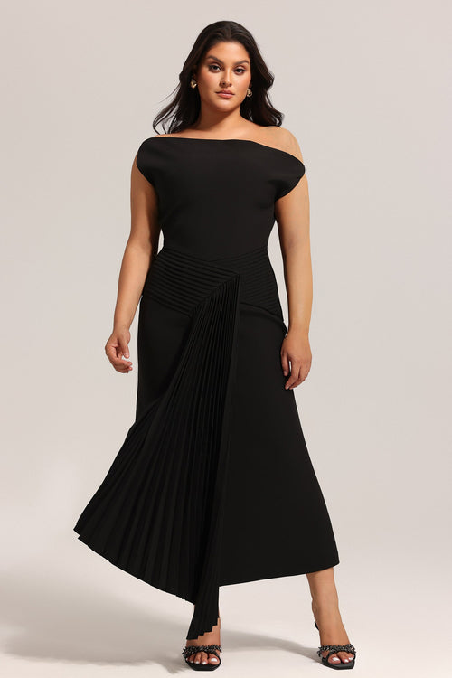 Bella Barnett Juny Oblique Shoulder Sleeveless Folds Cocktail Party Midi Dress