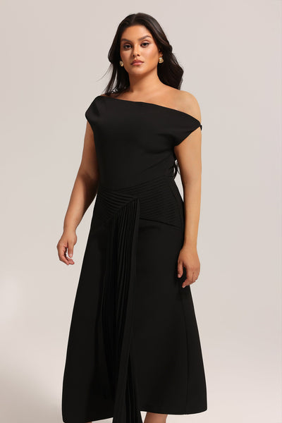 Bella Barnett Juny Oblique Shoulder Sleeveless Folds Cocktail Party Midi Dress