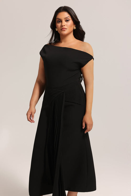 Bella Barnett Juny Oblique Shoulder Sleeveless Folds Cocktail Party Midi Dress