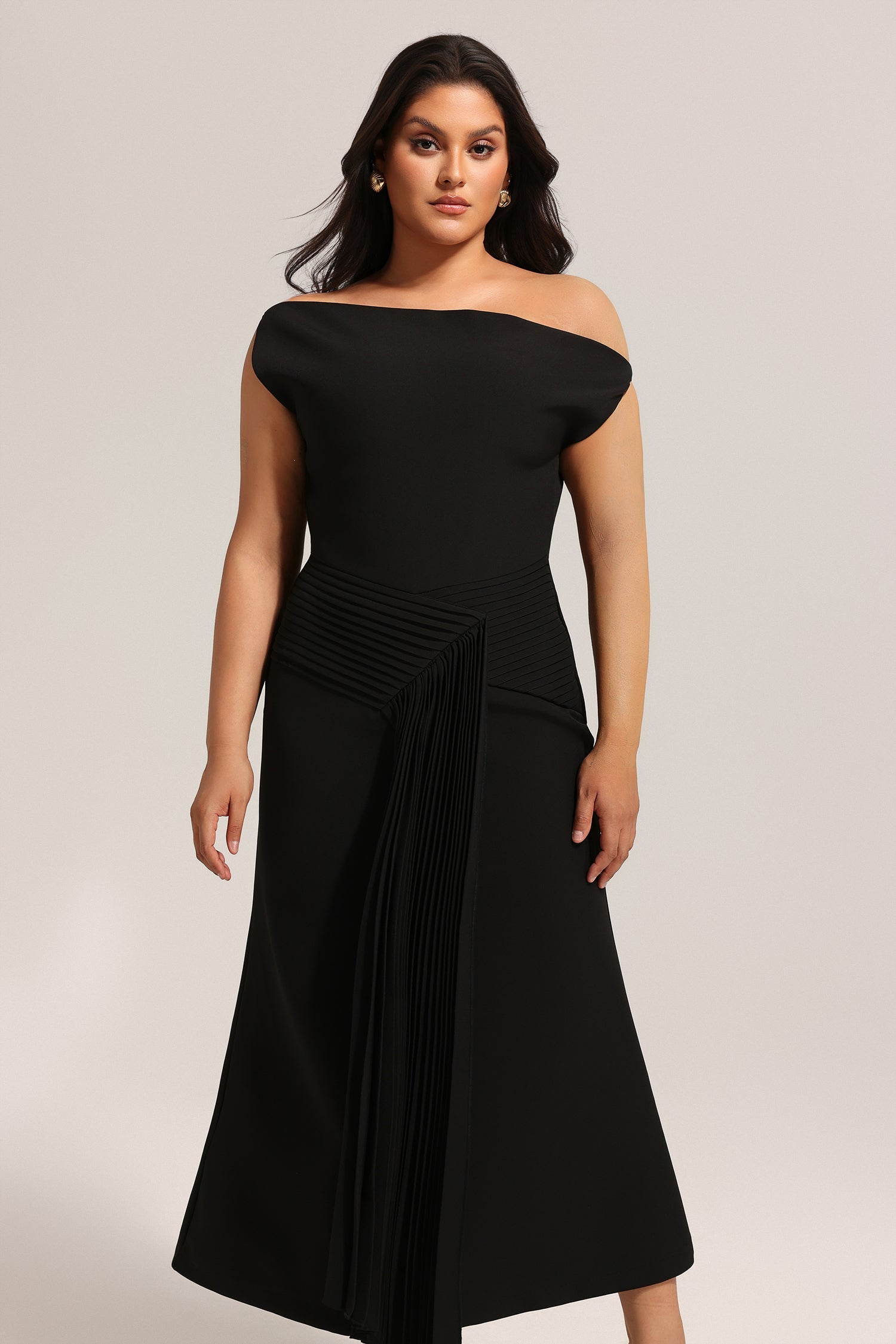 Bella Barnett Juny Oblique Shoulder Sleeveless Folds Cocktail Party Midi Dress