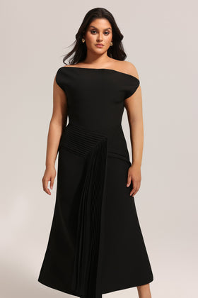 Bella Barnett Juny Oblique Shoulder Sleeveless Folds Cocktail Party Midi Dress
