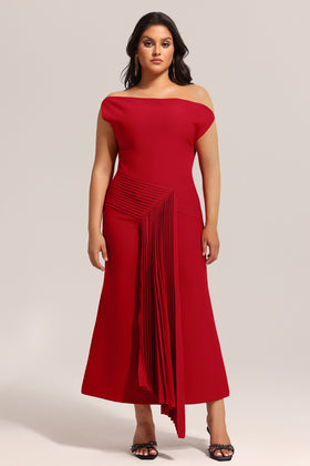 Bella Barnett Jillian Oblique Shoulder Sleeveless Folds Cocktail Party Midi Dress