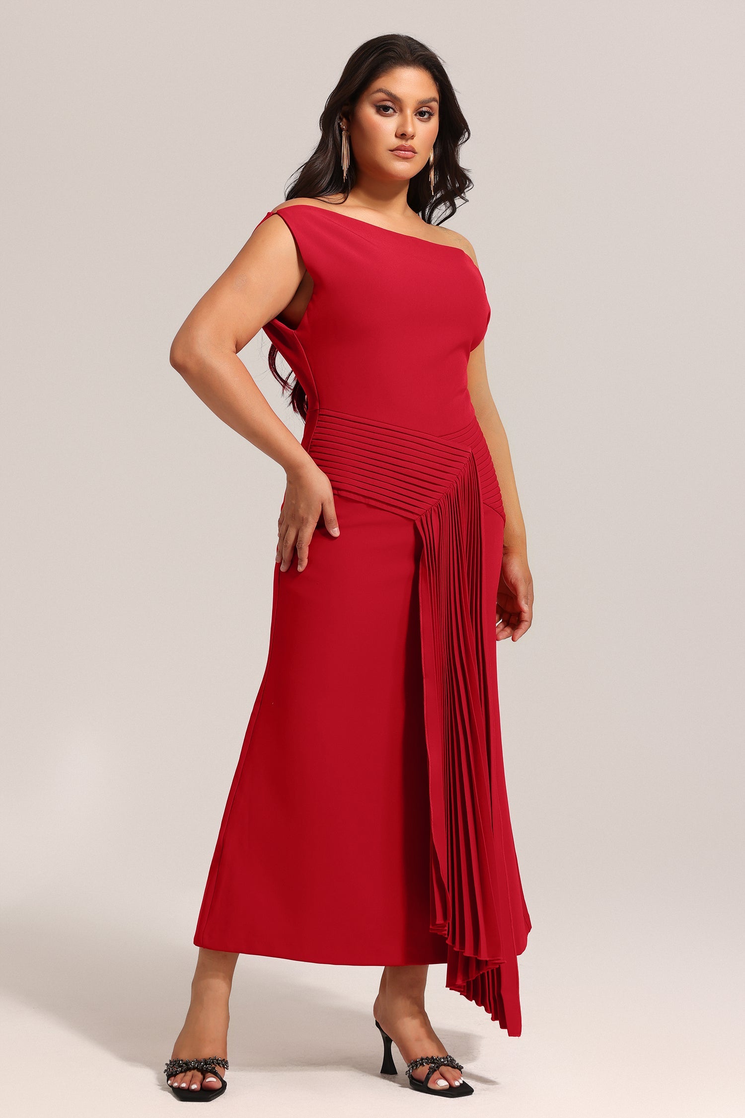 Bella Barnett Jillian Oblique Shoulder Sleeveless Folds Cocktail Party Midi Dress