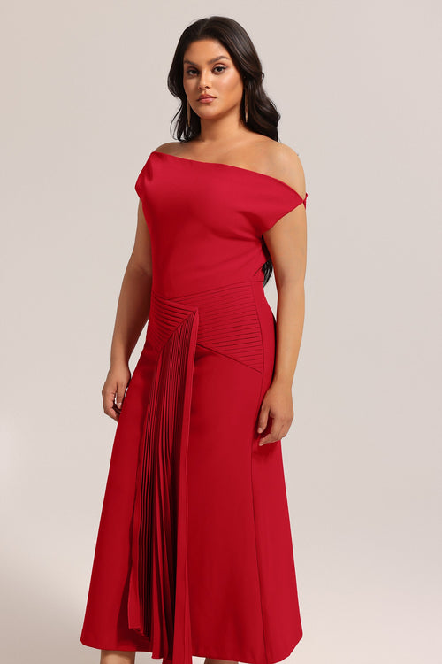 Bella Barnett Jillian Oblique Shoulder Sleeveless Folds Cocktail Party Midi Dress