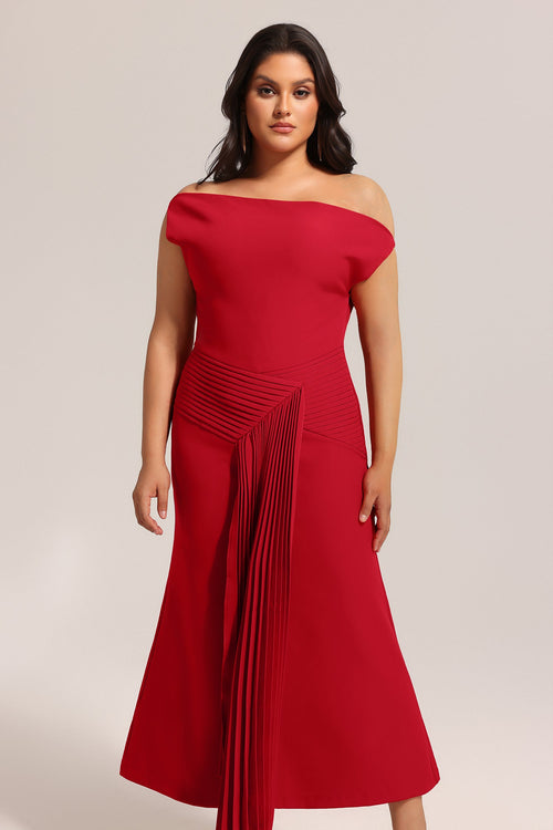 Bella Barnett Jillian Oblique Shoulder Sleeveless Folds Cocktail Party Midi Dress