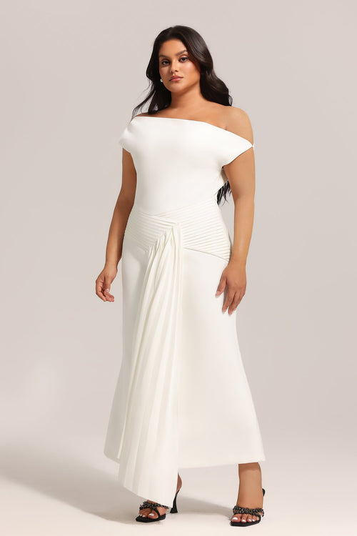 Bella Barnett Paulina Oblique Shoulder Sleeveless Folds Cocktail Party Midi Dress