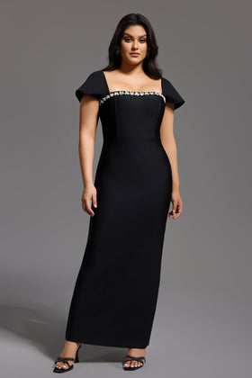 Bella Barnett Romelle Black Short Sleeve Diamond Bandage Formal Prom Evening Gown