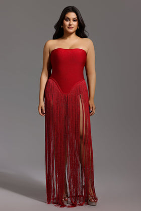 Bella Barnett Valentina Red Strapless Fringe Formal Cocktail Evening Dress