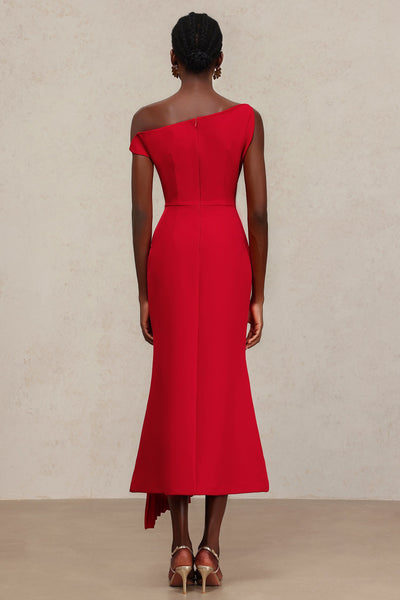 Bella Barnett Jillian Oblique Shoulder Sleeveless Folds Cocktail Party Midi Dress