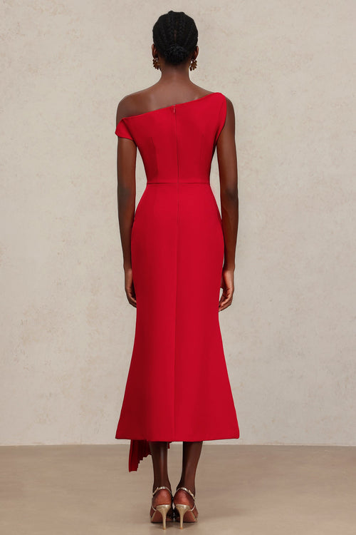 Bella Barnett Jillian Oblique Shoulder Sleeveless Folds Cocktail Party Midi Dress
