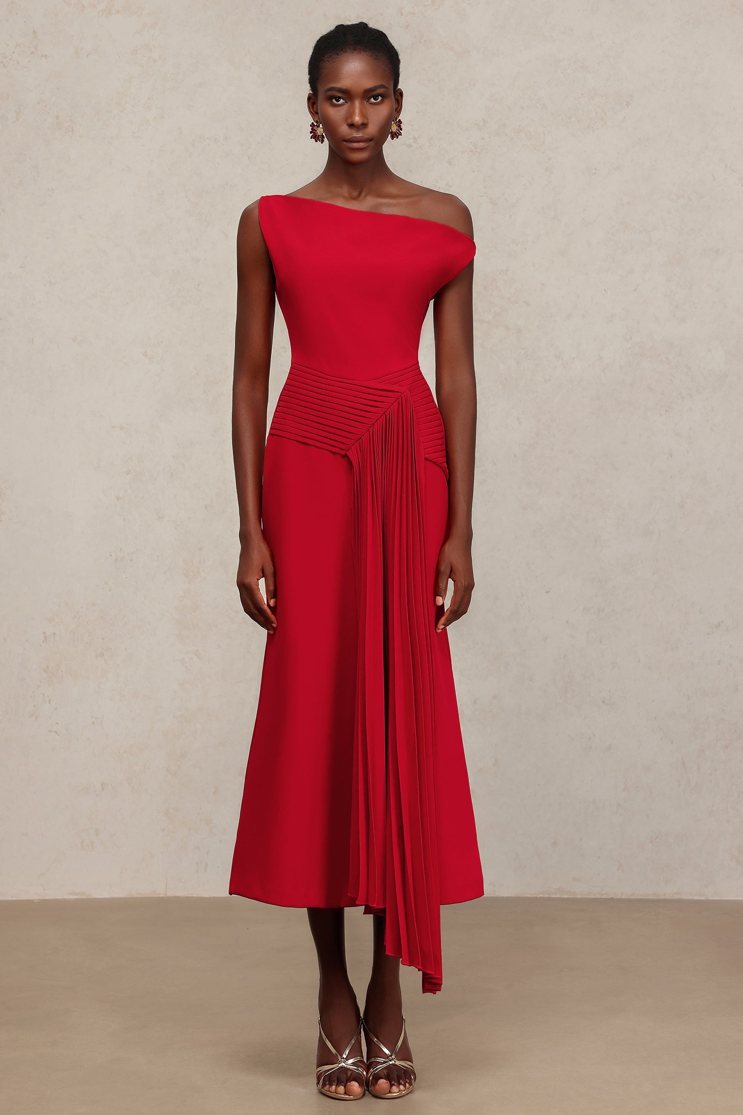 Bella Barnett Jillian Oblique Shoulder Sleeveless Folds Cocktail Party Midi Dress