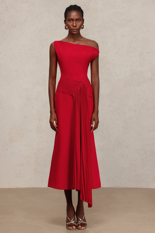 Bella Barnett Jillian Oblique Shoulder Sleeveless Folds Cocktail Party Midi Dress