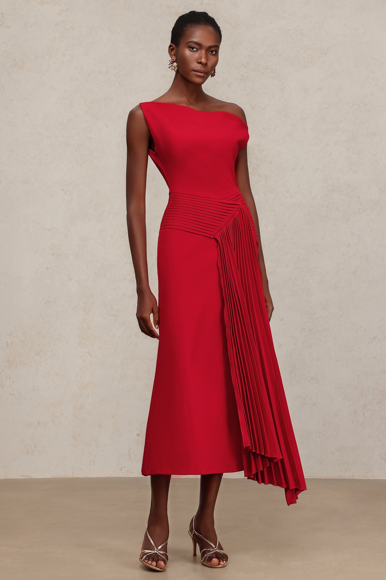 Bella Barnett Jillian Oblique Shoulder Sleeveless Folds Cocktail Party Midi Dress