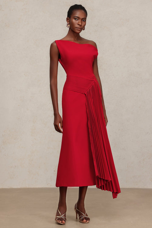 Bella Barnett Jillian Oblique Shoulder Sleeveless Folds Cocktail Party Midi Dress