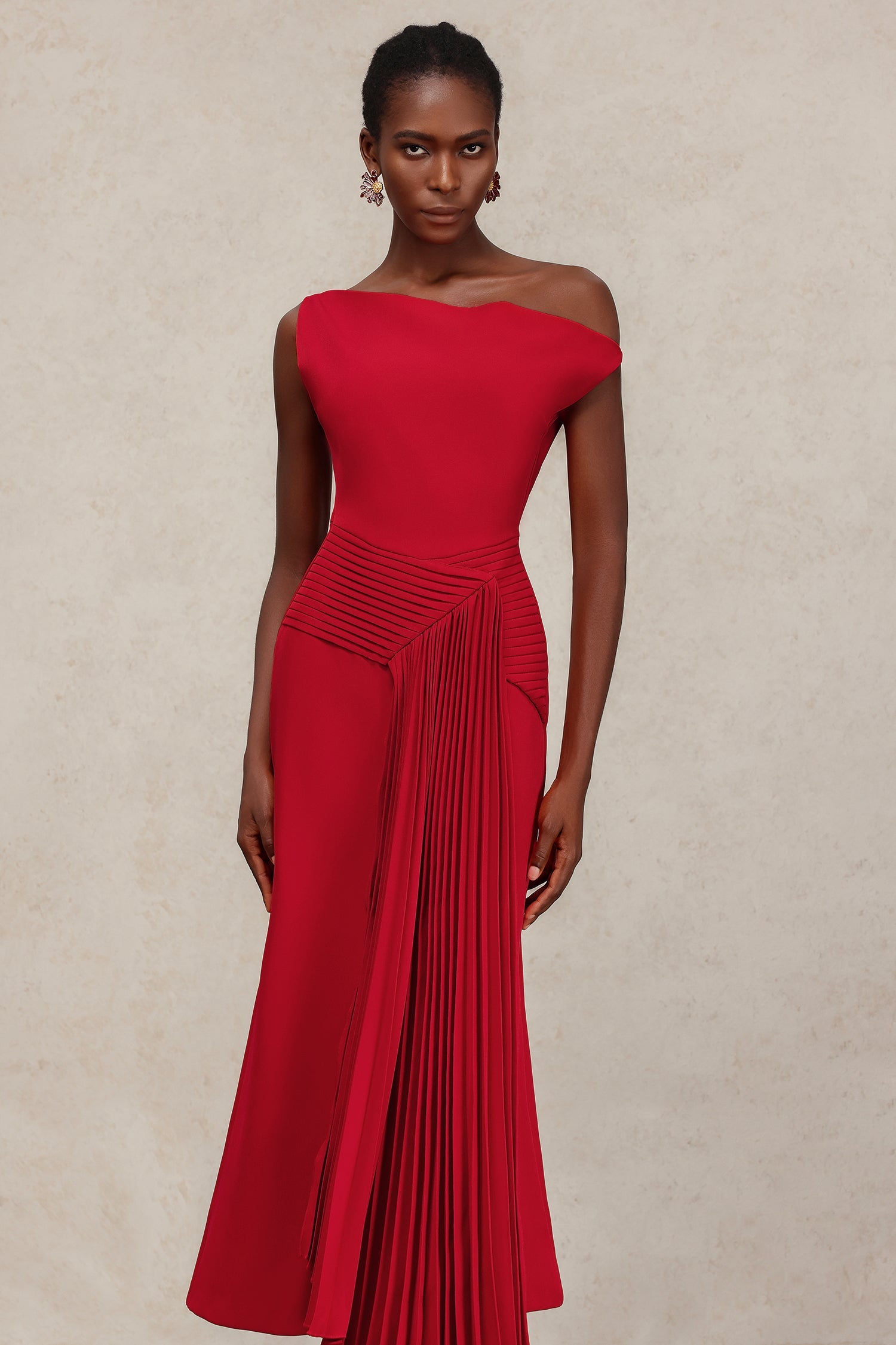 Bella Barnett Jillian Oblique Shoulder Sleeveless Folds Cocktail Party Midi Dress