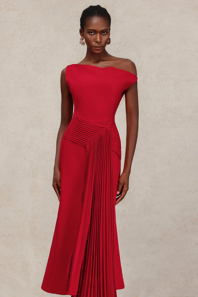 Bella Barnett Jillian Oblique Shoulder Sleeveless Folds Cocktail Party Midi Dress