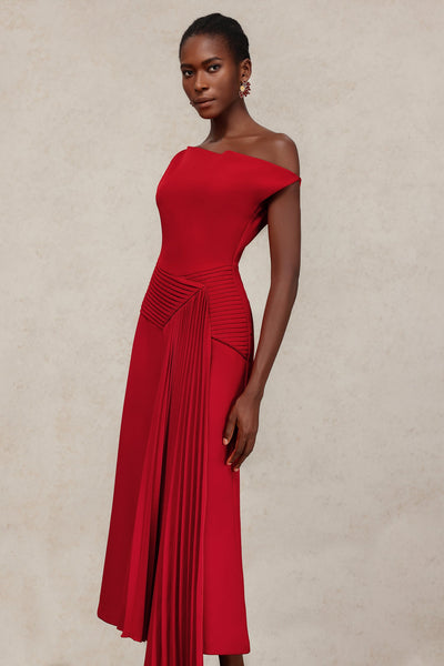 Bella Barnett Jillian Oblique Shoulder Sleeveless Folds Cocktail Party Midi Dress