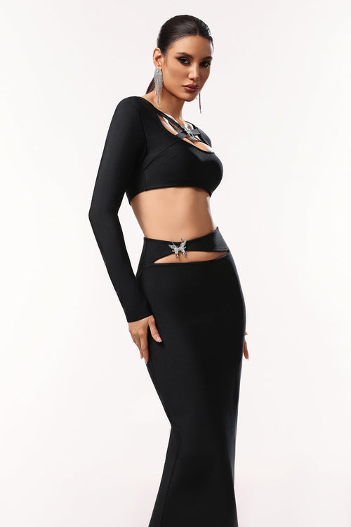 Bella Barnett Susan Long Sleeves Hollow Out Butterfly Bandage Formal Evening Two-piece Set