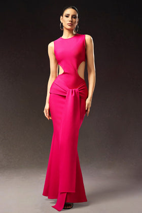 Bella Barnett Tinnie Rose Pink Sleeveless Hollow Out Ribbon Bandage Formal Prom Evening Gown